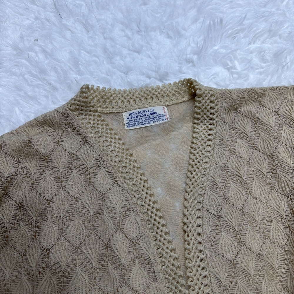 Vintage 1950s Japan Cardigan Sweater Open Front Scalloped Beige Knit 50 52 Rare - Picture 1 of 9